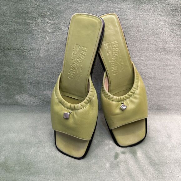 Y2K Salvatore Ferragamo Slides Ladies 7.5 2A Green Italian Leather Metal Detail - Picture 1 of 10